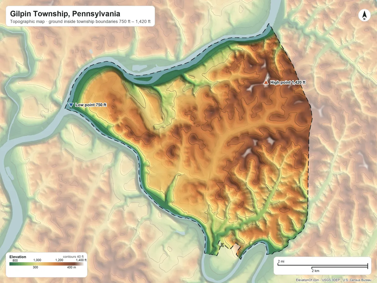 Topographic elevation map of Gilpin Township, Pennsylvania, shaded from 750 ft on the west side to 1,420 ft on the northeast side