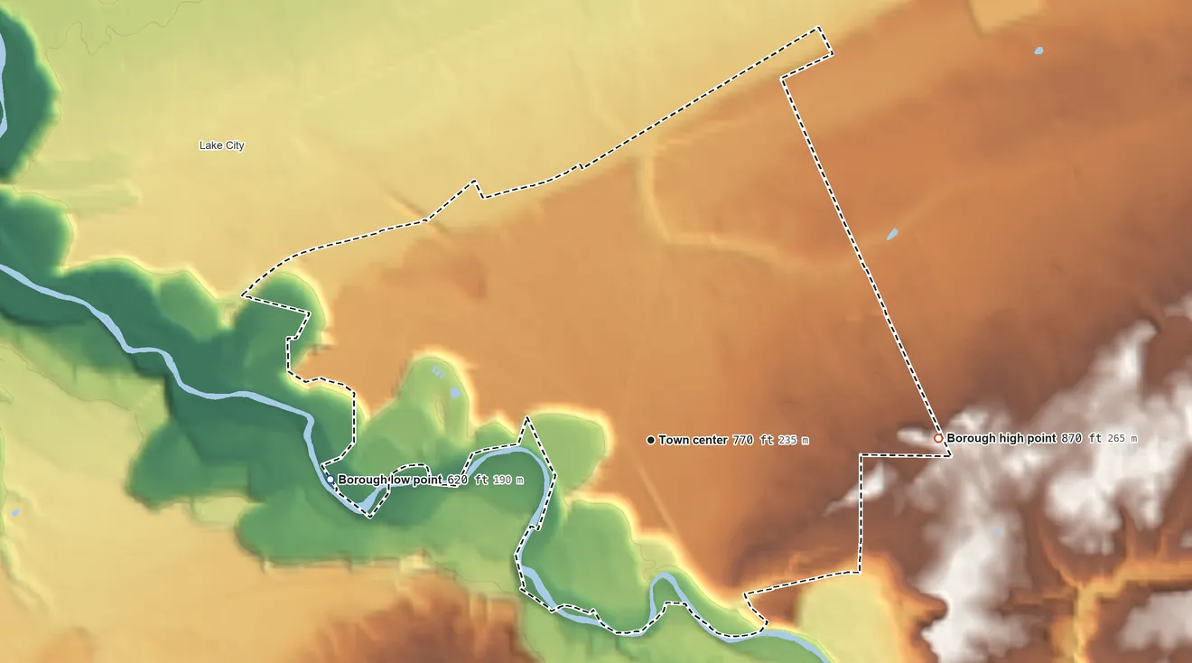 Topographic elevation map of Girard, Pennsylvania, shaded from 620 ft on the west side to 870 ft on the east side