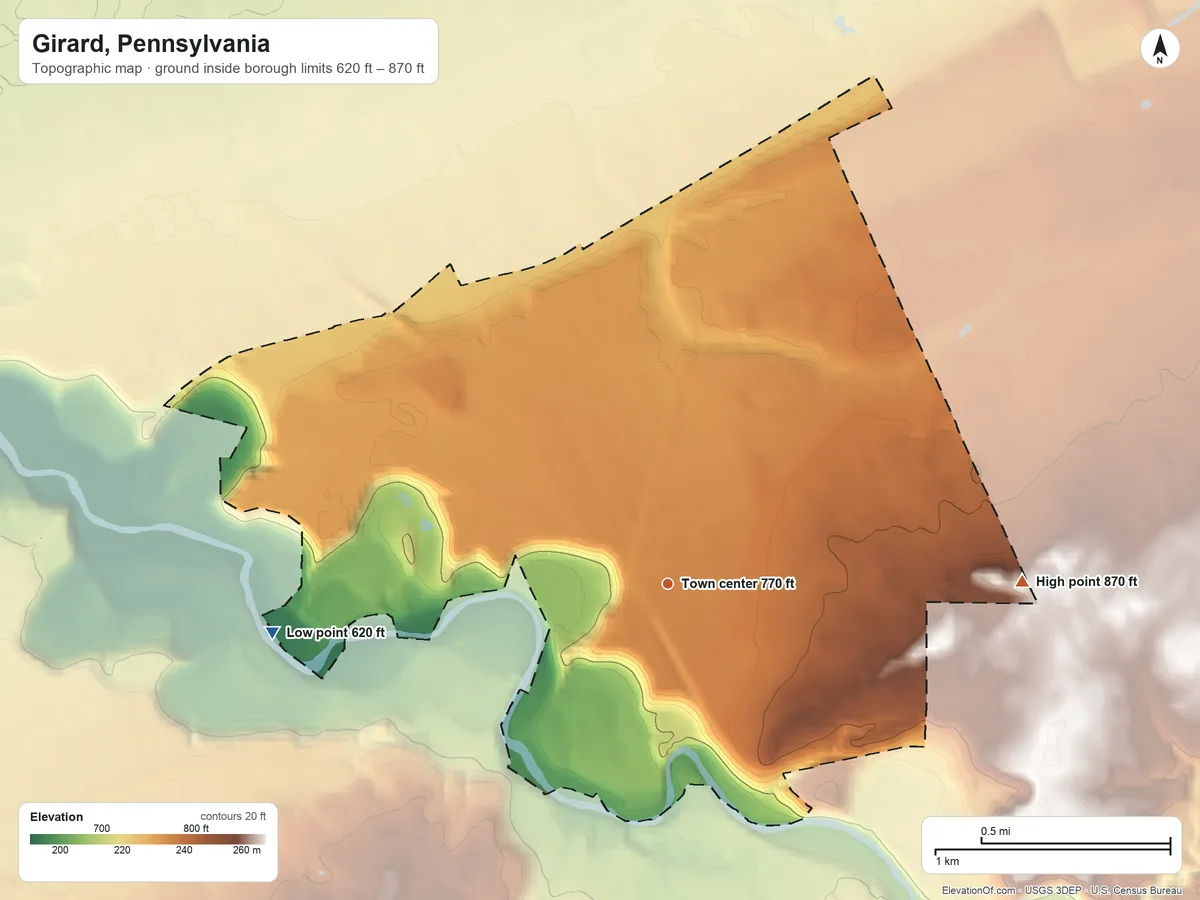 Topographic elevation map of Girard, Pennsylvania, shaded from 620 ft on the west side to 870 ft on the east side