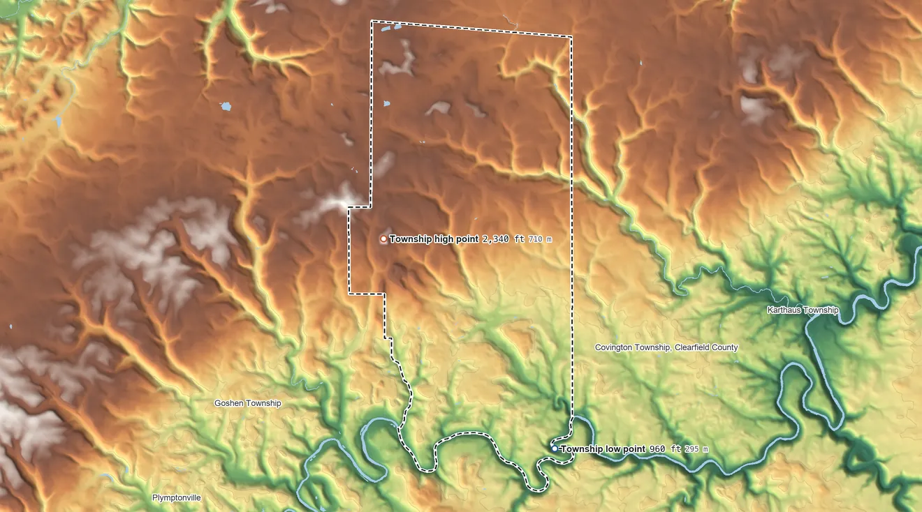 Topographic elevation map of Girard Township, Clearfield County, Pennsylvania, shaded from 960 ft on the southeast side to 2,340 ft on Big Knob
