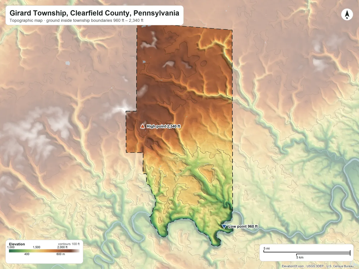 Topographic elevation map of Girard Township, Clearfield County, Pennsylvania, shaded from 960 ft on the southeast side to 2,340 ft on Big Knob