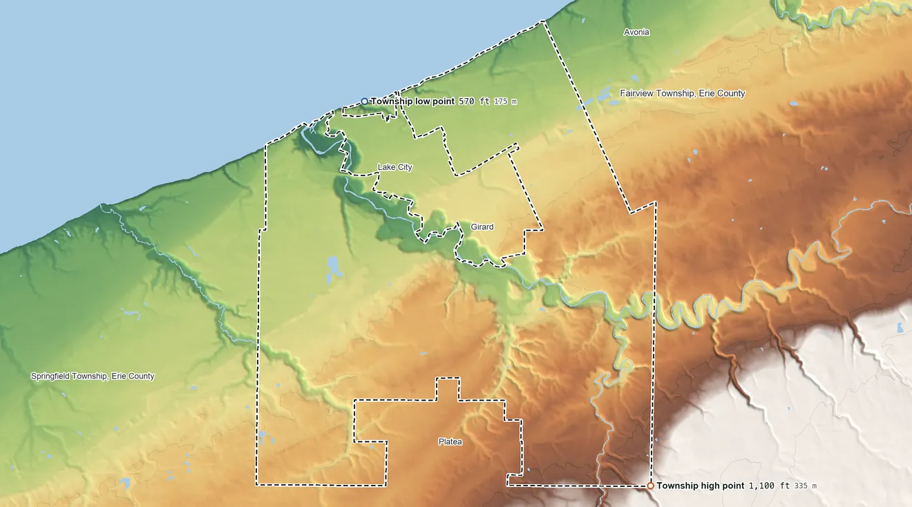 Topographic elevation map of Girard Township, Pennsylvania, shaded from 570 ft on the northwest side to 1,100 ft on the southeast side
