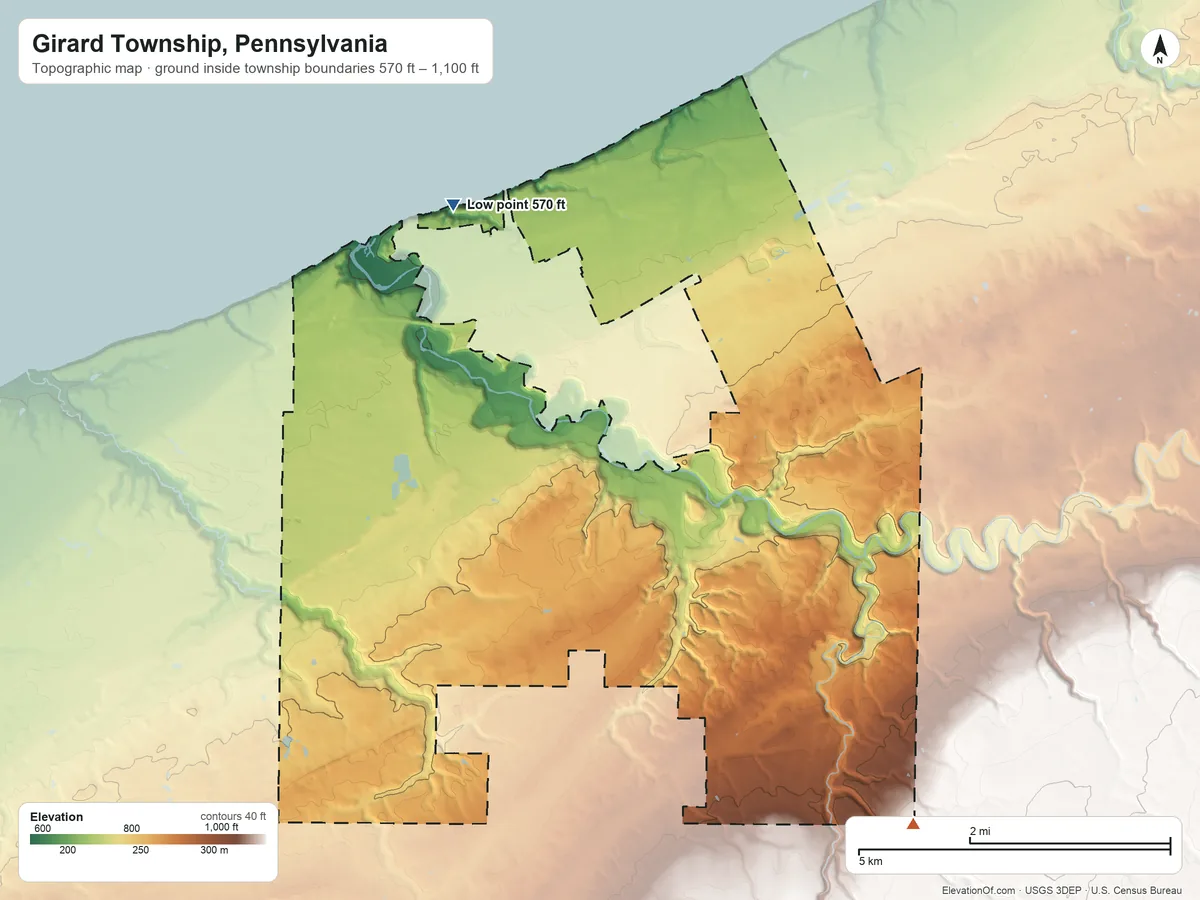 Topographic elevation map of Girard Township, Pennsylvania, shaded from 570 ft on the northwest side to 1,100 ft on the southeast side