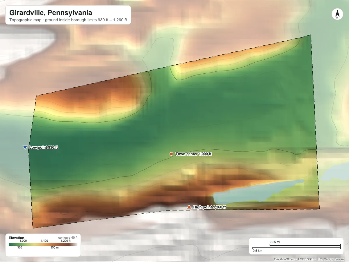 Topographic elevation map of Girardville, Pennsylvania, shaded from 930 ft on the west side to 1,260 ft at the foot of the Little Mountain