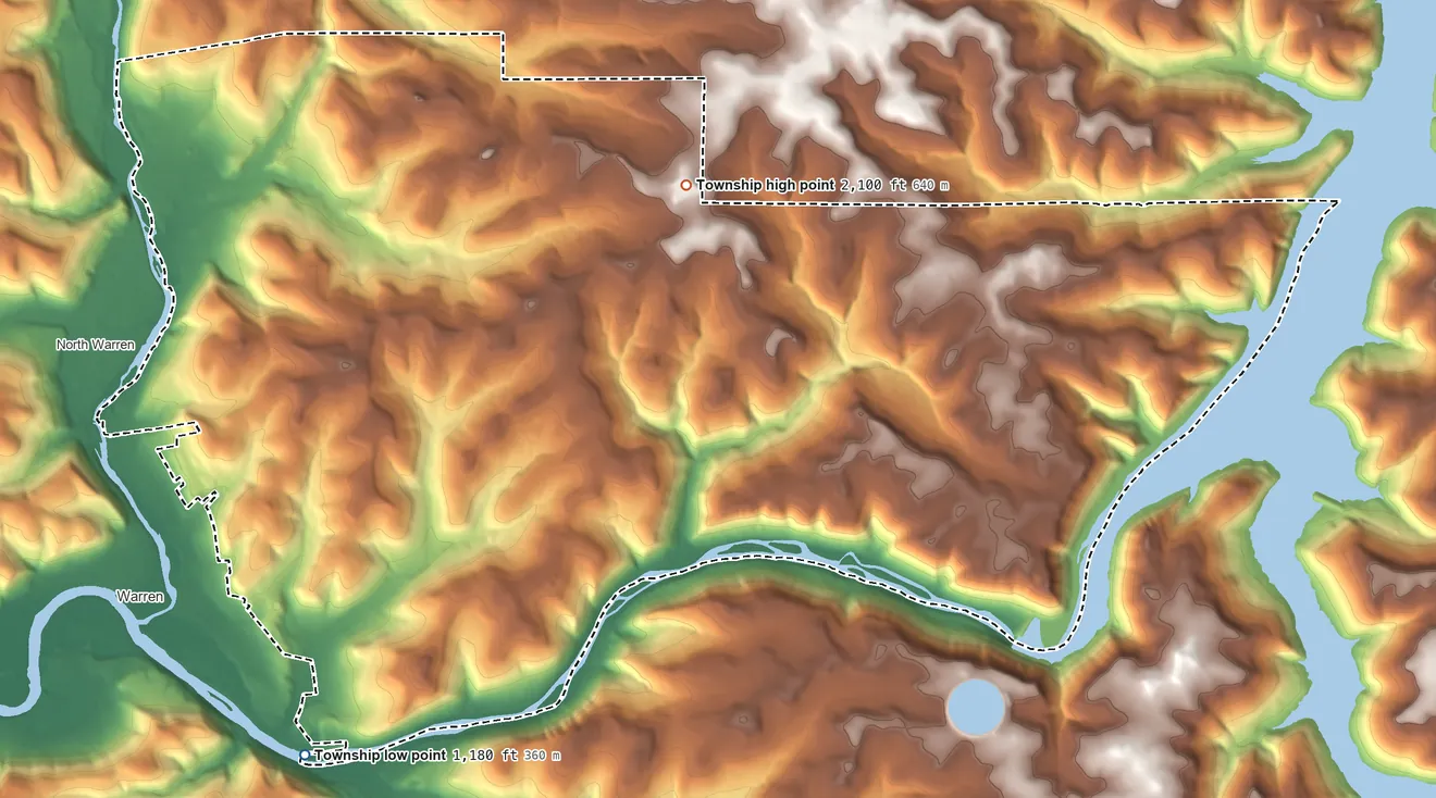 Topographic elevation map of Glade Township, Pennsylvania, shaded from 1,180 ft on the south side to 2,100 ft on Goose Heaven Hill