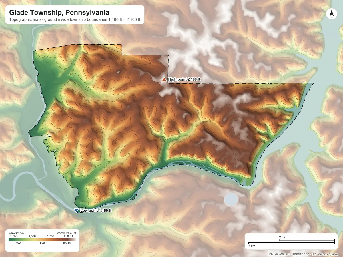 Topographic elevation map of Glade Township, Pennsylvania, shaded from 1,180 ft on the south side to 2,100 ft on Goose Heaven Hill