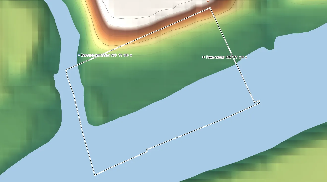 Topographic elevation map of Glasgow, Pennsylvania, shaded from 670 ft on the west side to 960 ft on the north edge, below higher ground just outside