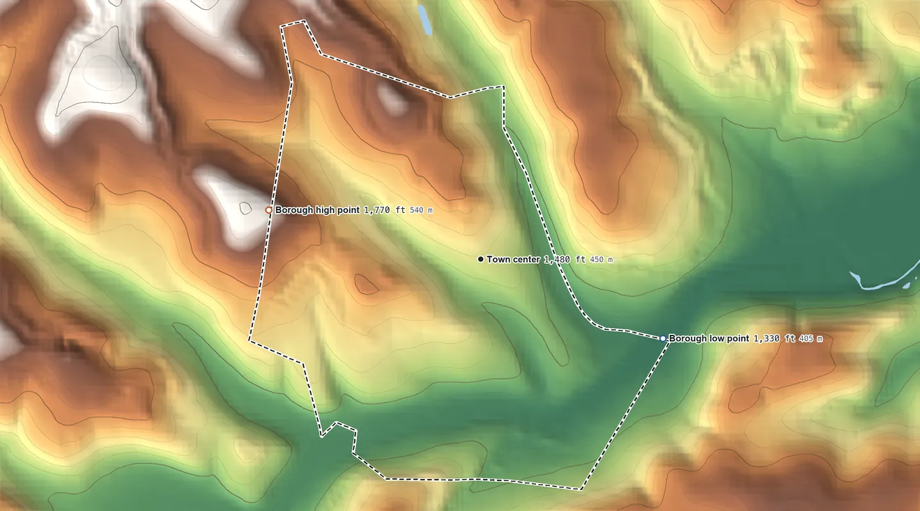 Topographic elevation map of Glen Campbell, Pennsylvania, shaded from 1,330 ft on the southeast side to 1,770 ft on the west side