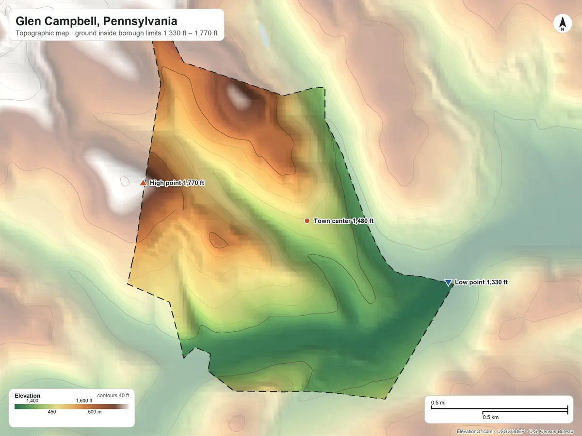 Topographic elevation map of Glen Campbell, Pennsylvania, shaded from 1,330 ft on the southeast side to 1,770 ft on the west side