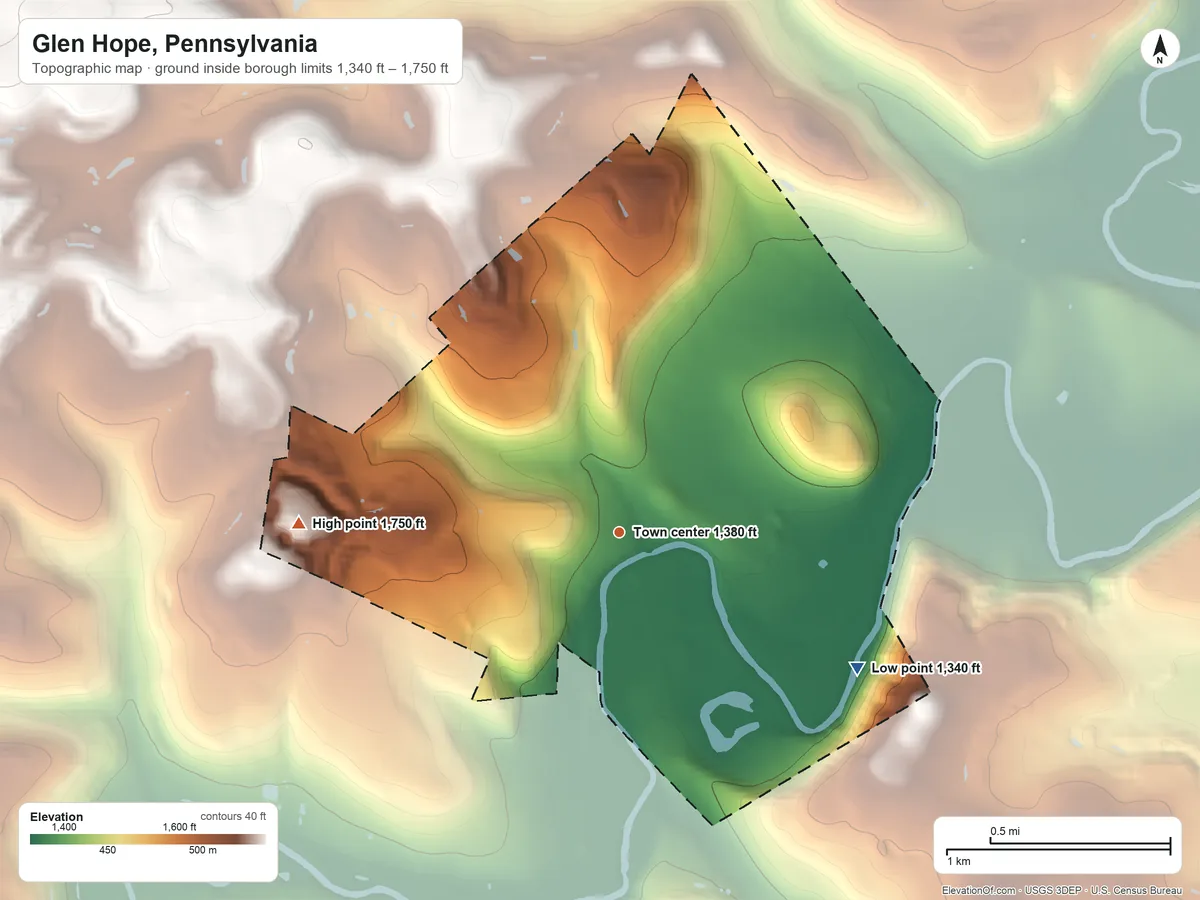 Topographic elevation map of Glen Hope, Pennsylvania, shaded from 1,340 ft on the southeast side to 1,750 ft on the west side