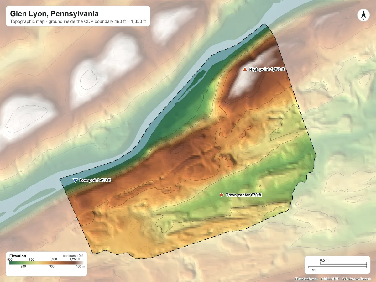 Topographic elevation map of Glen Lyon, Pennsylvania, shaded from 490 ft on the west side to 1,350 ft on the north side