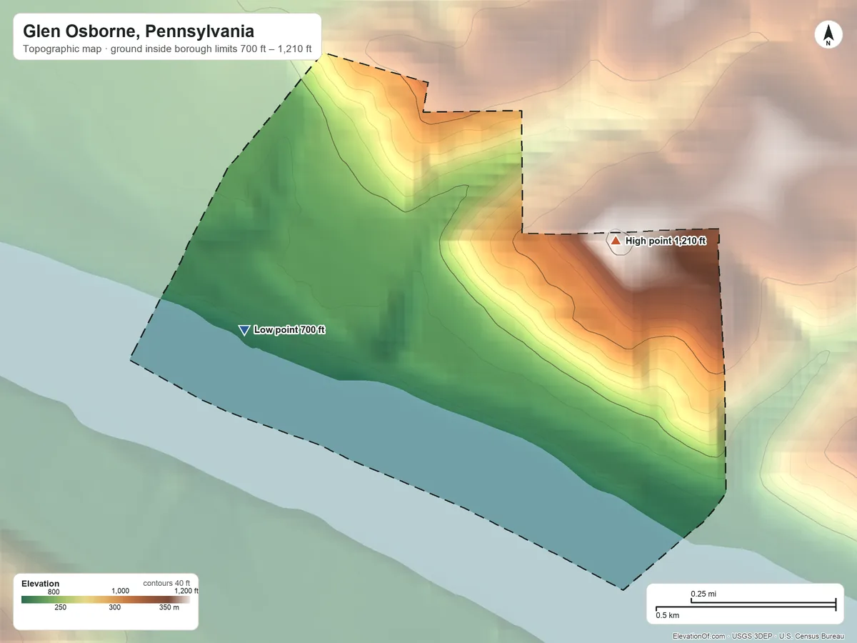 Topographic elevation map of Glen Osborne, Pennsylvania, shaded from 700 ft on the west side to 1,210 ft on the northeast side