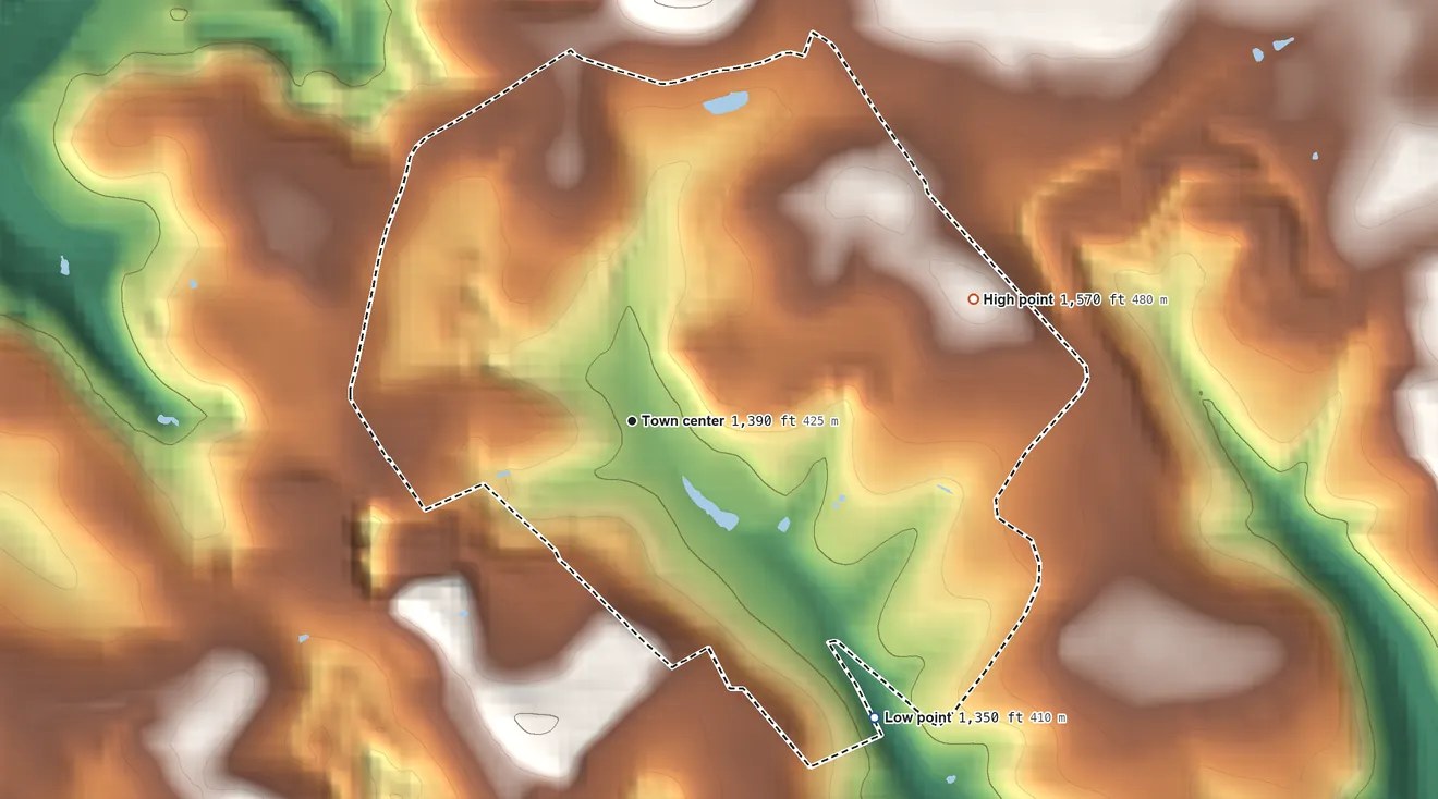 Topographic elevation map of Glen Richey, Pennsylvania, shaded from 1,350 ft on the southeast side to 1,570 ft on the east side