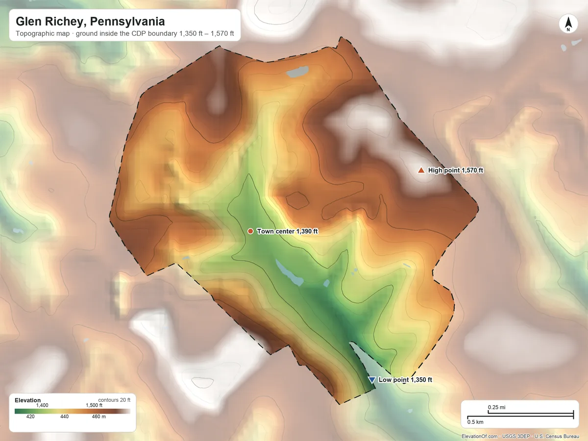 Topographic elevation map of Glen Richey, Pennsylvania, shaded from 1,350 ft on the southeast side to 1,570 ft on the east side