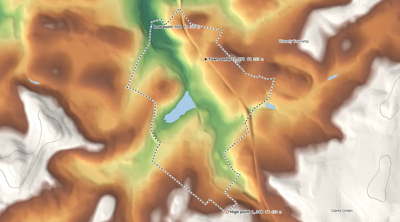 Topographic elevation map of Glenburn, Pennsylvania, shaded from 980 ft on the northwest side to 1,340 ft on the south side