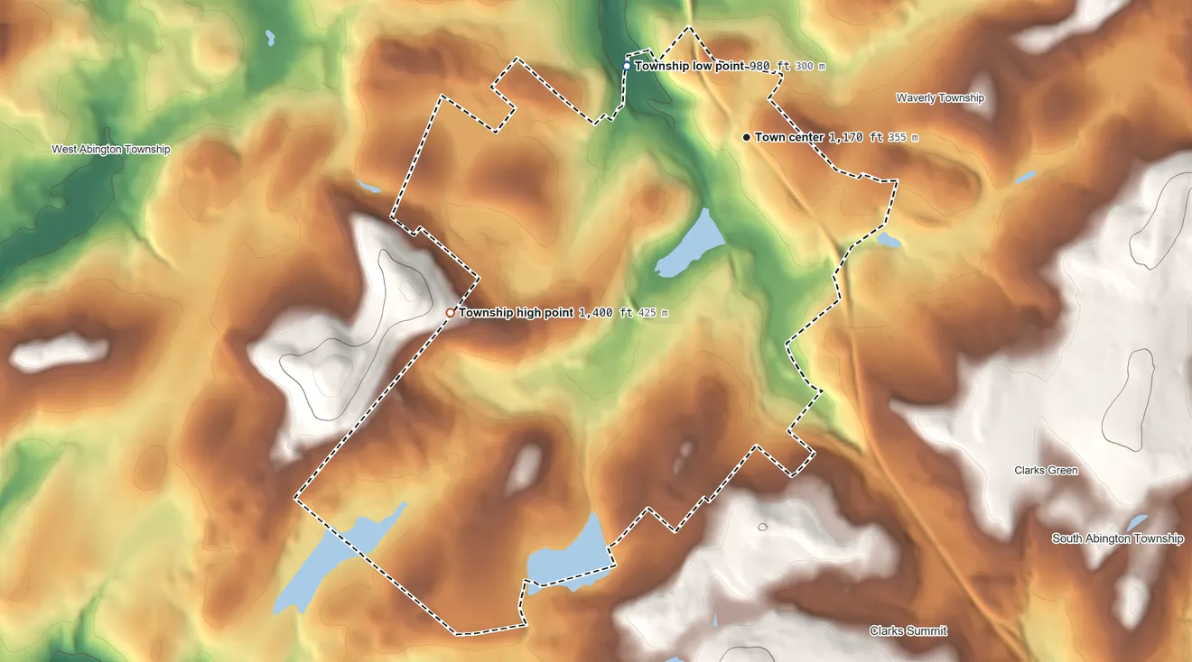 Topographic elevation map of Glenburn Township, Pennsylvania, shaded from 980 ft on the northwest side to 1,400 ft on the southwest side