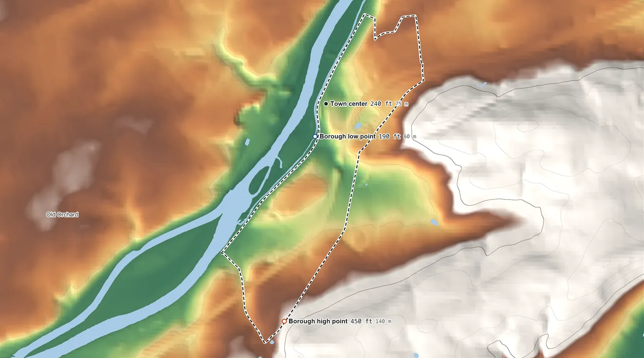Topographic elevation map of Glendon, Pennsylvania, shaded from 190 ft near the middle to 450 ft on the south edge, below higher ground just outside