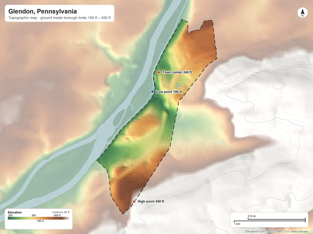 Topographic elevation map of Glendon, Pennsylvania, shaded from 190 ft near the middle to 450 ft on the south edge, below higher ground just outside