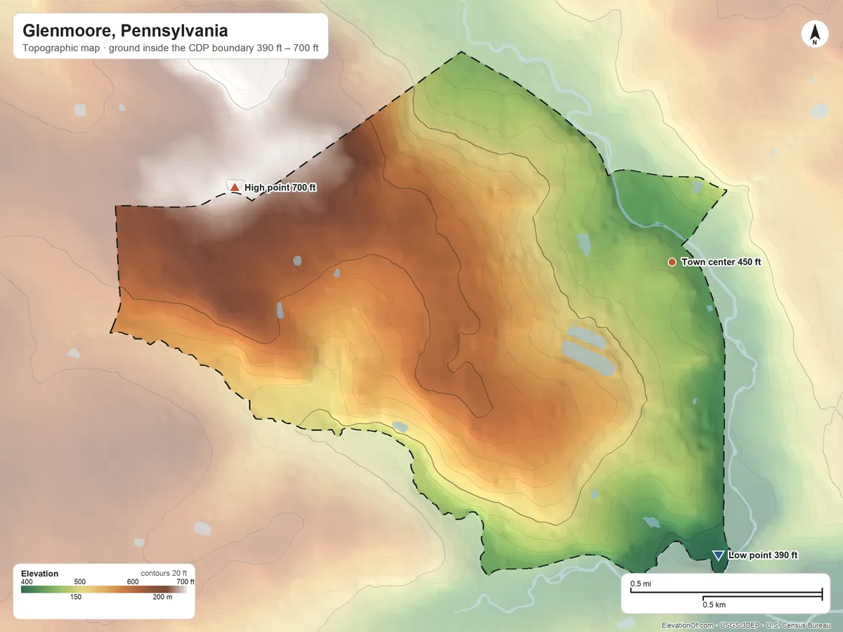 Topographic elevation map of Glenmoore, Pennsylvania, shaded from 390 ft on the south side to 700 ft on the west side