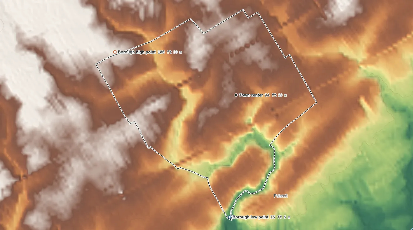 Topographic elevation map of Glenolden, Pennsylvania, shaded from 15 ft on the south side to 100 ft on the west side