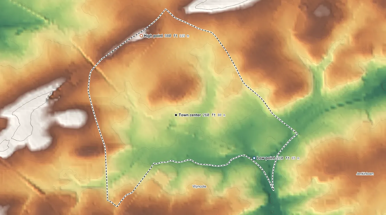 Topographic elevation map of Glenside, Pennsylvania, shaded from 210 ft on the southeast side to 380 ft on the northwest side
