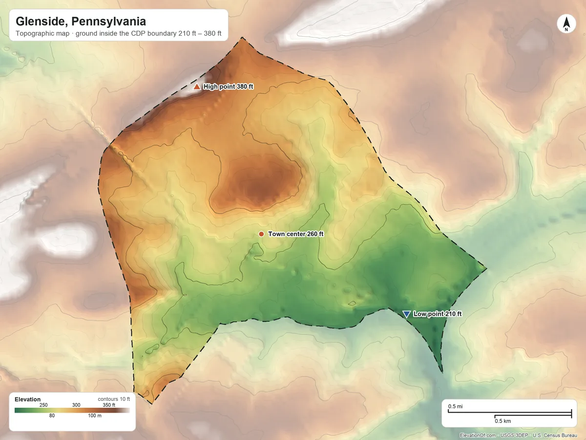 Topographic elevation map of Glenside, Pennsylvania, shaded from 210 ft on the southeast side to 380 ft on the northwest side