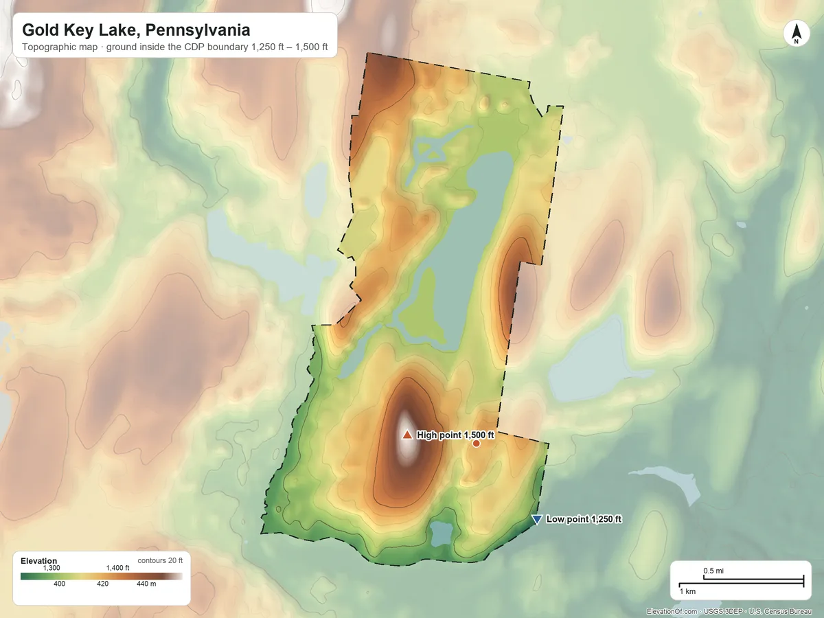 Topographic elevation map of Gold Key Lake, Pennsylvania, shaded from 1,250 ft on the southeast side to 1,500 ft on the west side