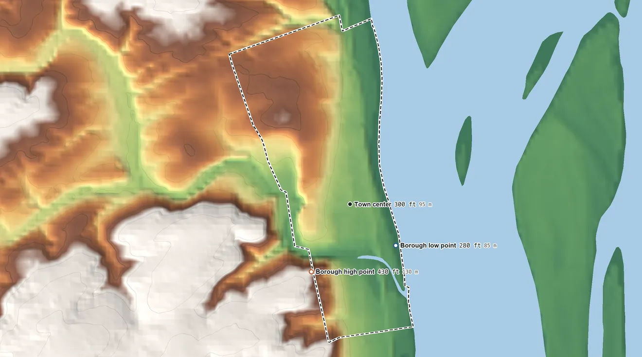 Topographic elevation map of Goldsboro, Pennsylvania, shaded from 280 ft on the southeast side to 430 ft on the southwest side