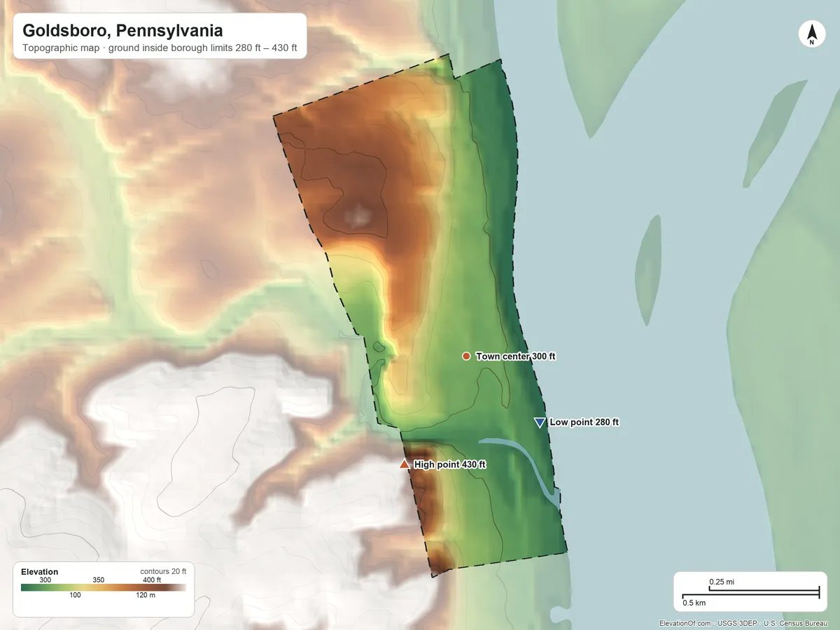 Topographic elevation map of Goldsboro, Pennsylvania, shaded from 280 ft on the southeast side to 430 ft on the southwest side
