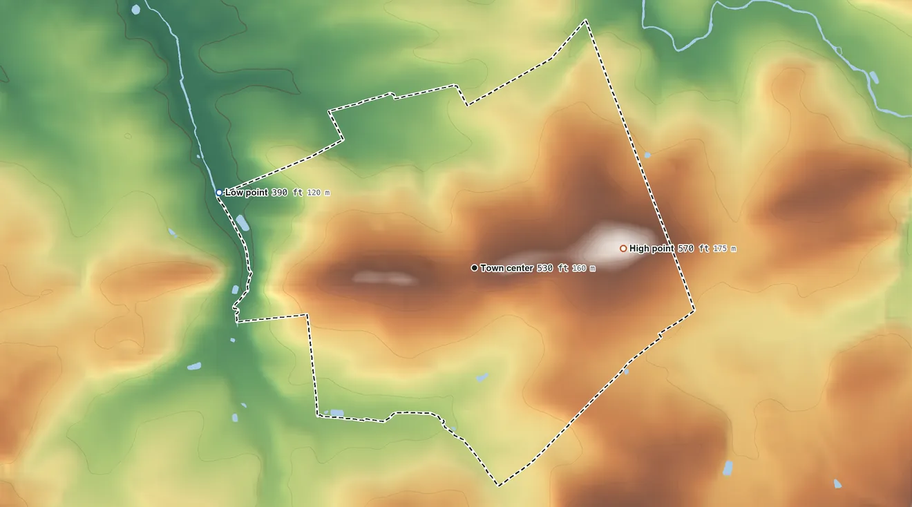 Topographic elevation map of Goodville, Pennsylvania, shaded from 390 ft on the west side to 570 ft on the east side