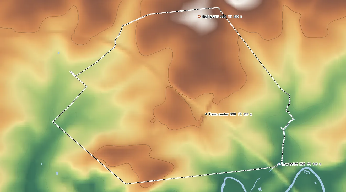 Topographic elevation map of Gordonville, Pennsylvania, shaded from 350 ft on the southeast side to 440 ft on the north side