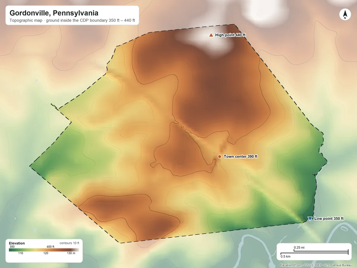 Topographic elevation map of Gordonville, Pennsylvania, shaded from 350 ft on the southeast side to 440 ft on the north side