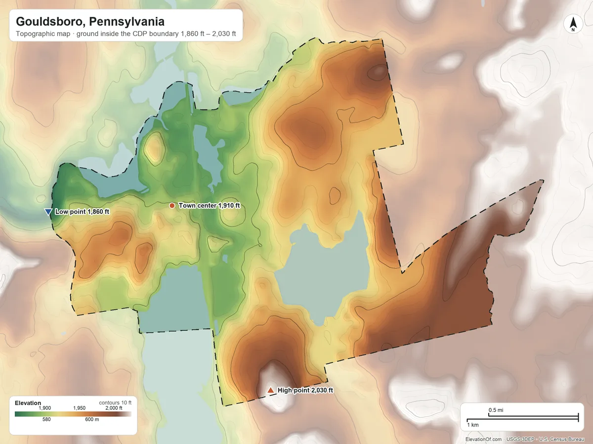 Topographic elevation map of Gouldsboro, Pennsylvania, shaded from 1,860 ft on the west side to 2,030 ft on the southeast side