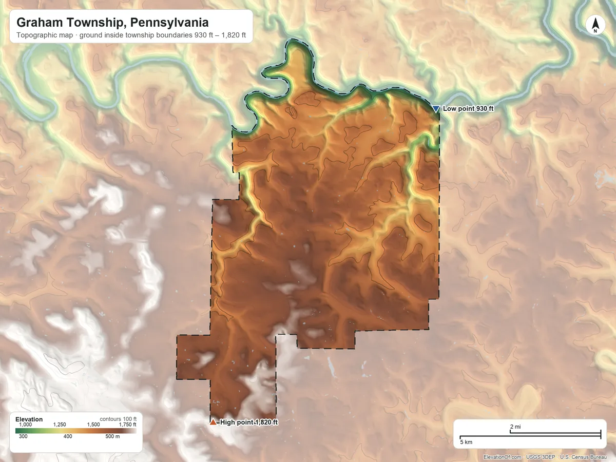 Topographic elevation map of Graham Township, Pennsylvania, shaded from 930 ft on the northeast side to 1,820 ft on the south side