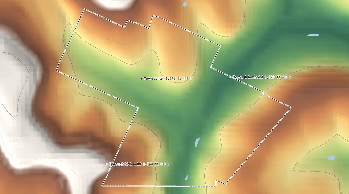 Topographic elevation map of Grampian, Pennsylvania, shaded from 1,520 ft on the east side to 1,740 ft on the south side