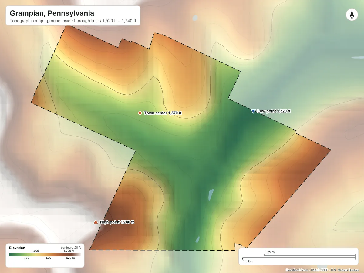 Topographic elevation map of Grampian, Pennsylvania, shaded from 1,520 ft on the east side to 1,740 ft on the south side