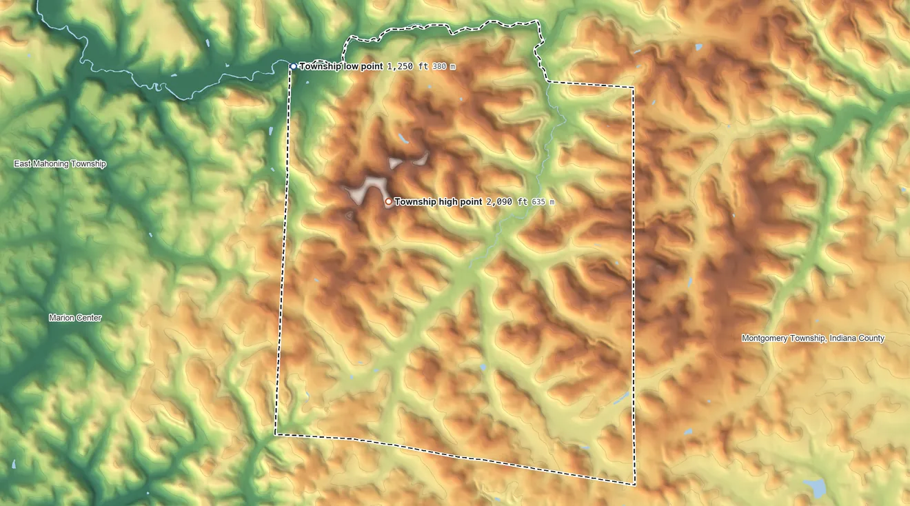 Topographic elevation map of Grant Township, Pennsylvania, shaded from 1,250 ft on the northwest side to 2,090 ft on the northwest side