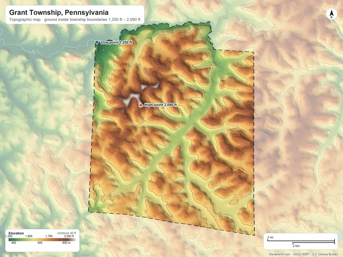 Topographic elevation map of Grant Township, Pennsylvania, shaded from 1,250 ft on the northwest side to 2,090 ft on the northwest side