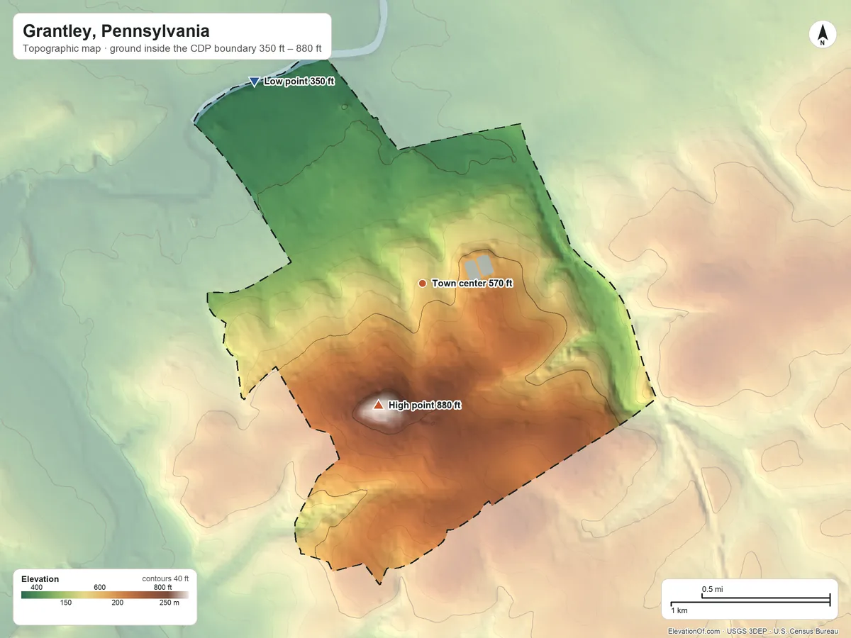 Topographic elevation map of Grantley, Pennsylvania, shaded from 350 ft on the northwest side to 880 ft on the south side