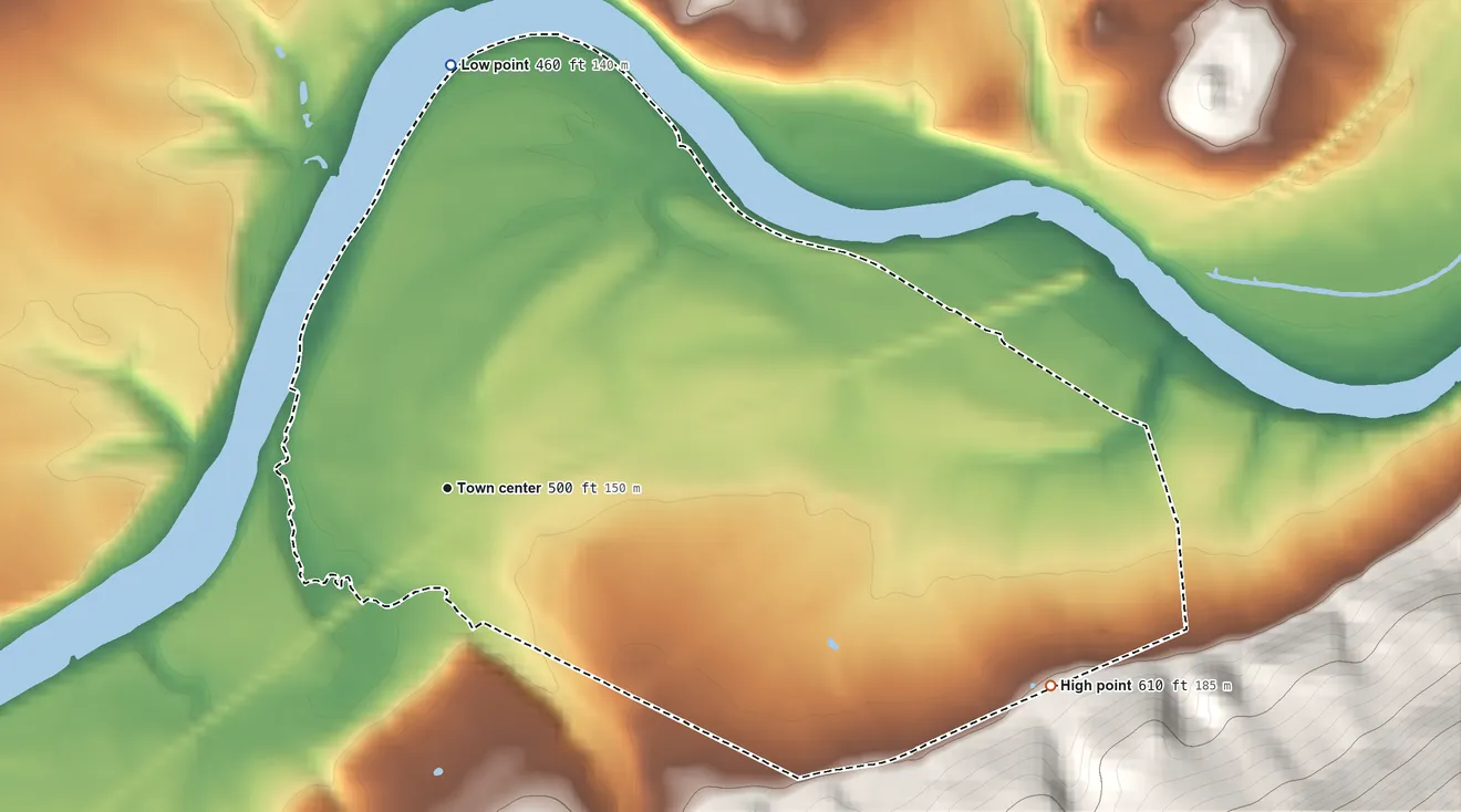 Topographic elevation map of Granville, Pennsylvania, shaded from 460 ft on the north side to 610 ft at the foot of the Jacks Mountain