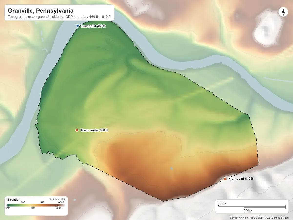 Topographic elevation map of Granville, Pennsylvania, shaded from 460 ft on the north side to 610 ft at the foot of the Jacks Mountain