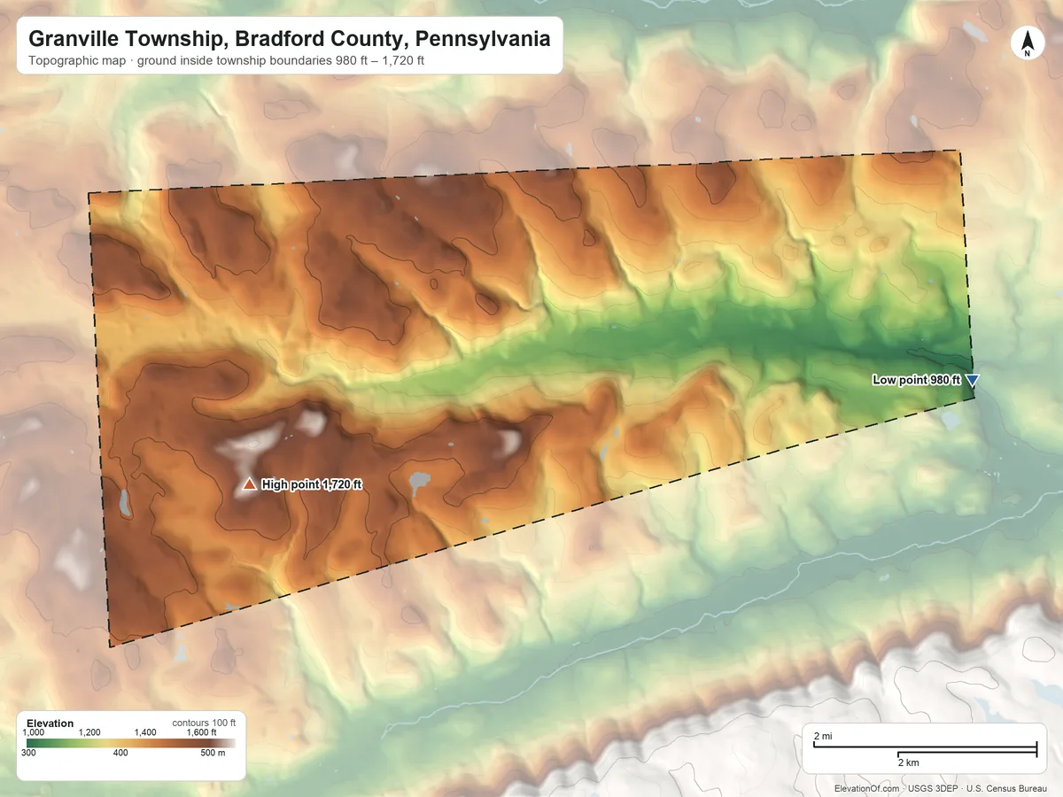 Topographic elevation map of Granville Township, Bradford County, Pennsylvania, shaded from 980 ft on the east side to 1,720 ft on the southwest side