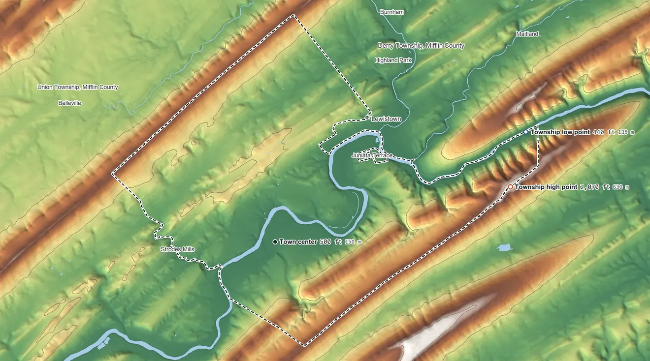 Topographic elevation map of Granville Township, Pennsylvania, shaded from 440 ft on the northeast side to 2,070 ft on the east side