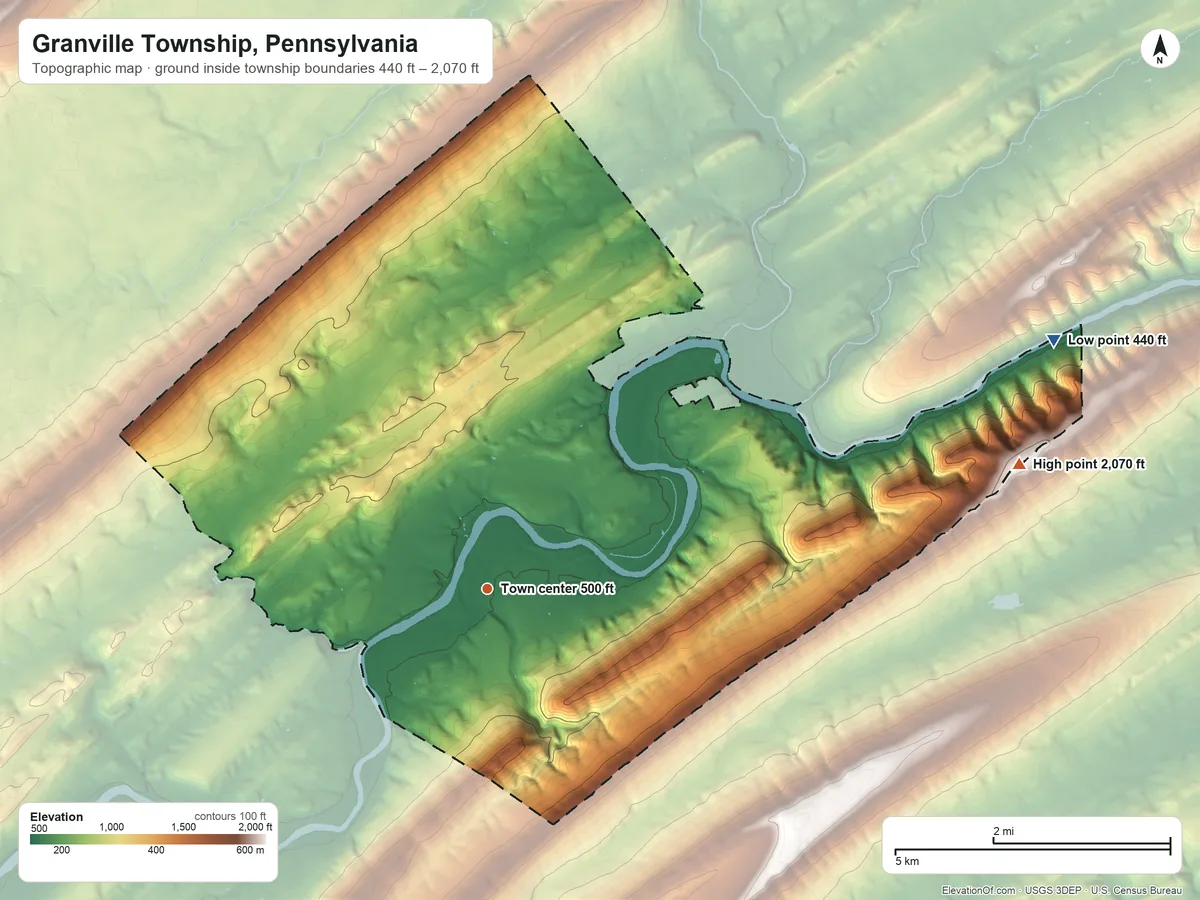 Topographic elevation map of Granville Township, Pennsylvania, shaded from 440 ft on the northeast side to 2,070 ft on the east side