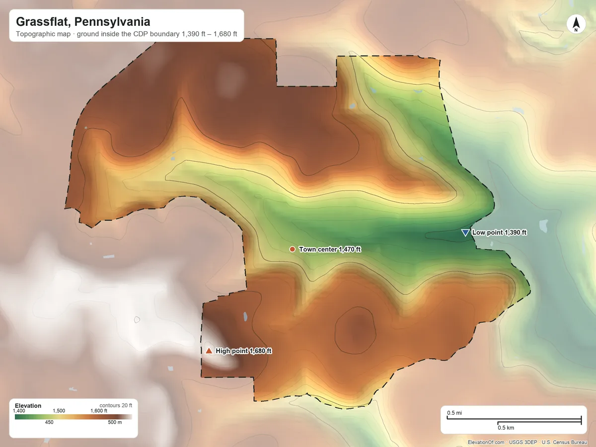 Topographic elevation map of Grassflat, Pennsylvania, shaded from 1,390 ft on the east side to 1,680 ft on the southwest side
