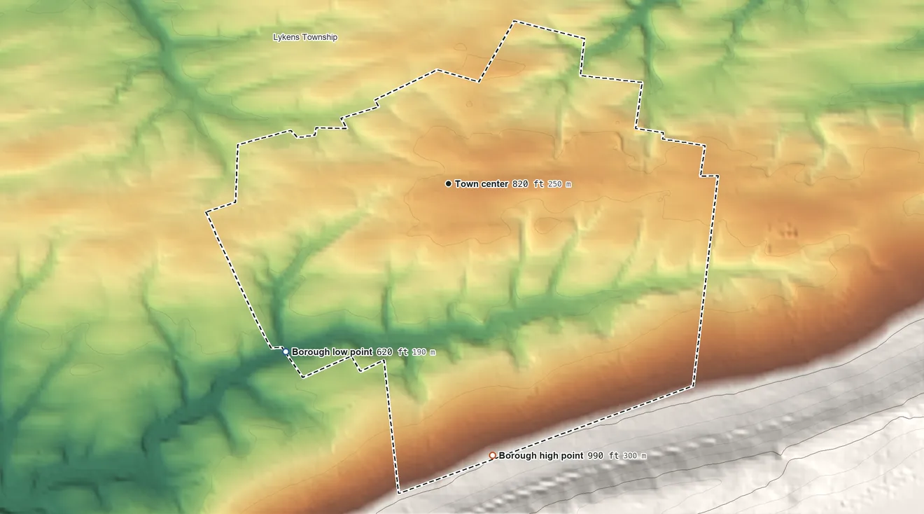 Topographic elevation map of Gratz, Pennsylvania, shaded from 620 ft on the southwest side to 990 ft on the south edge, below higher ground just outside