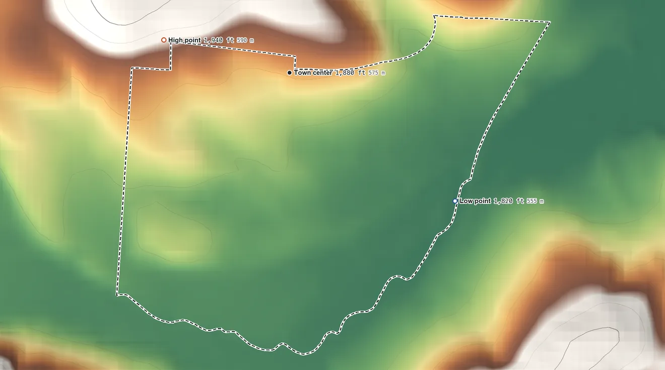 Topographic elevation map of Gray, Pennsylvania, shaded from 1,820 ft on the southeast side to 1,940 ft at the foot of the Laurel Hill