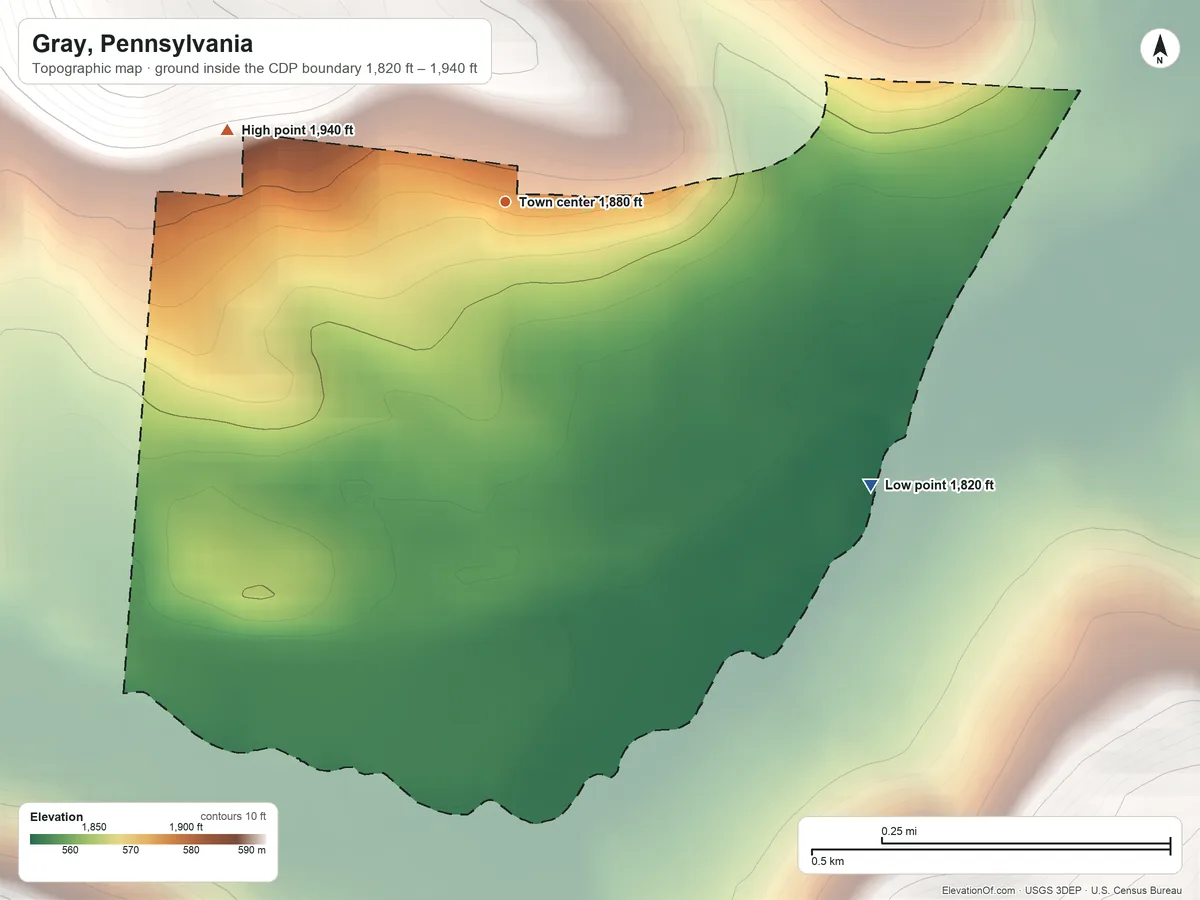 Topographic elevation map of Gray, Pennsylvania, shaded from 1,820 ft on the southeast side to 1,940 ft at the foot of the Laurel Hill