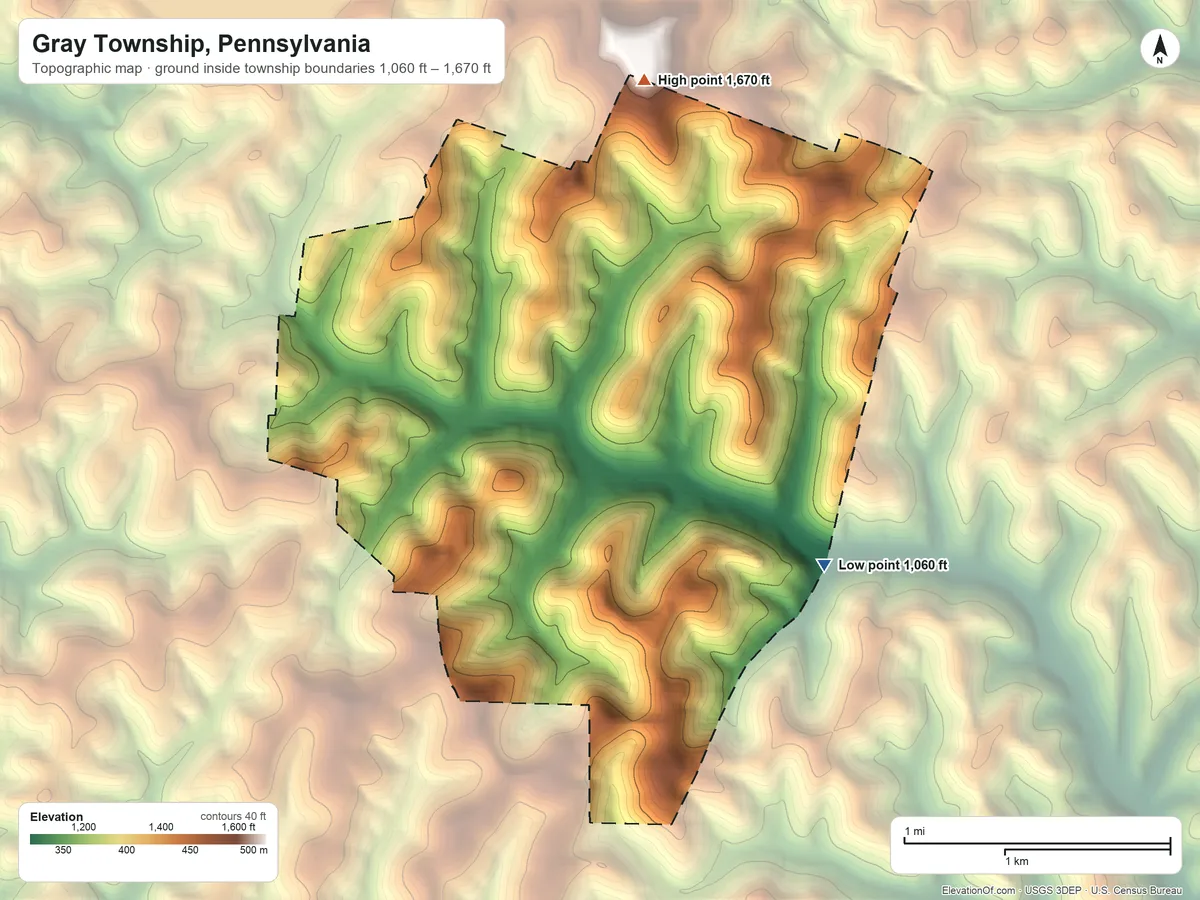 Topographic elevation map of Gray Township, Pennsylvania, shaded from 1,060 ft on the southeast side to 1,670 ft on the north side