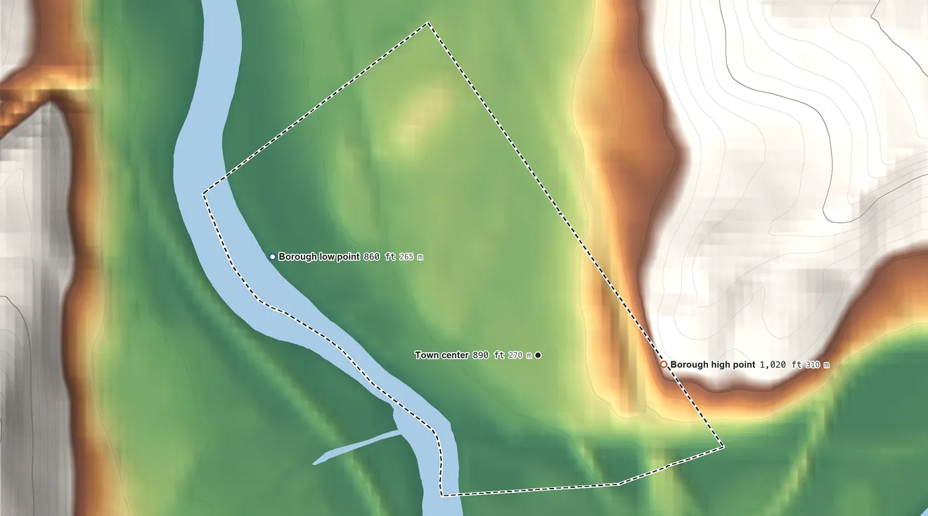 Topographic elevation map of Great Bend, Pennsylvania, shaded from 860 ft on the west side to 1,020 ft on the east edge, below higher ground just outside